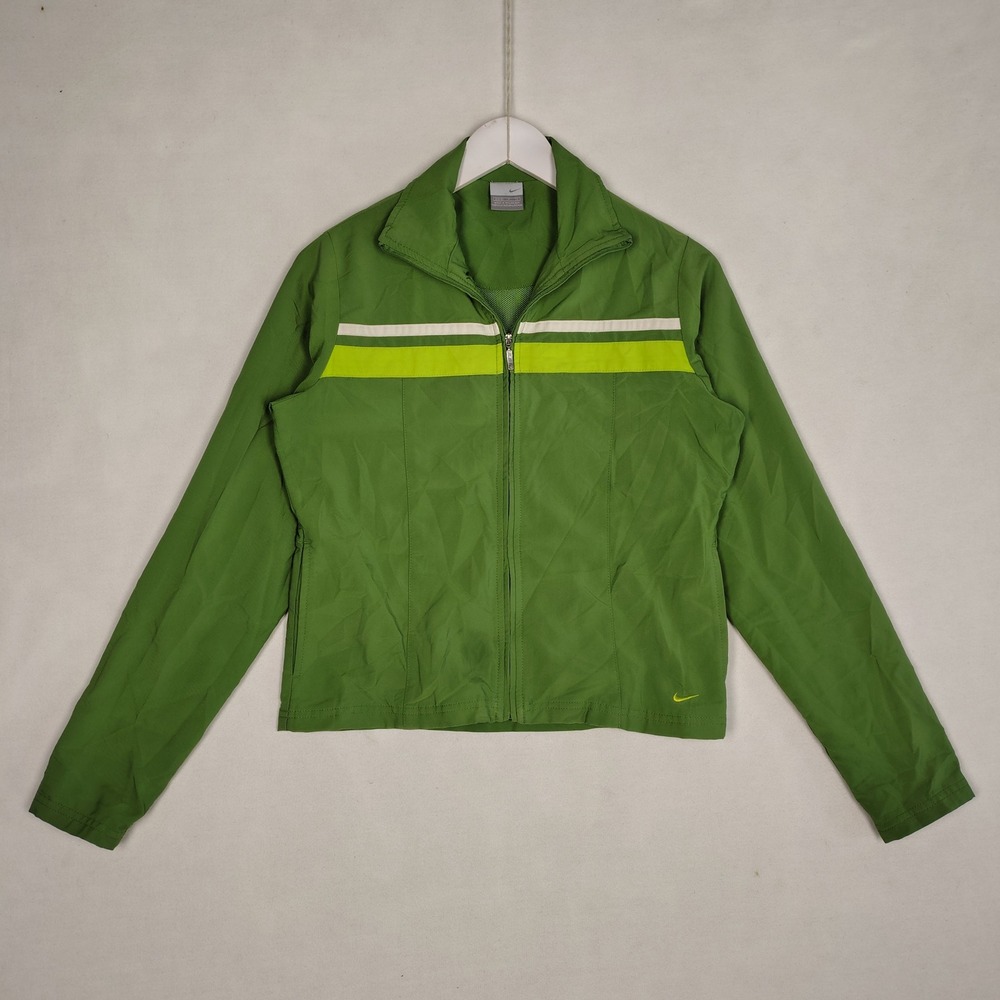 Nike Womens Green Track Jacket Full Zip Mesh Lined Windbreaker Stripe Small 4-6